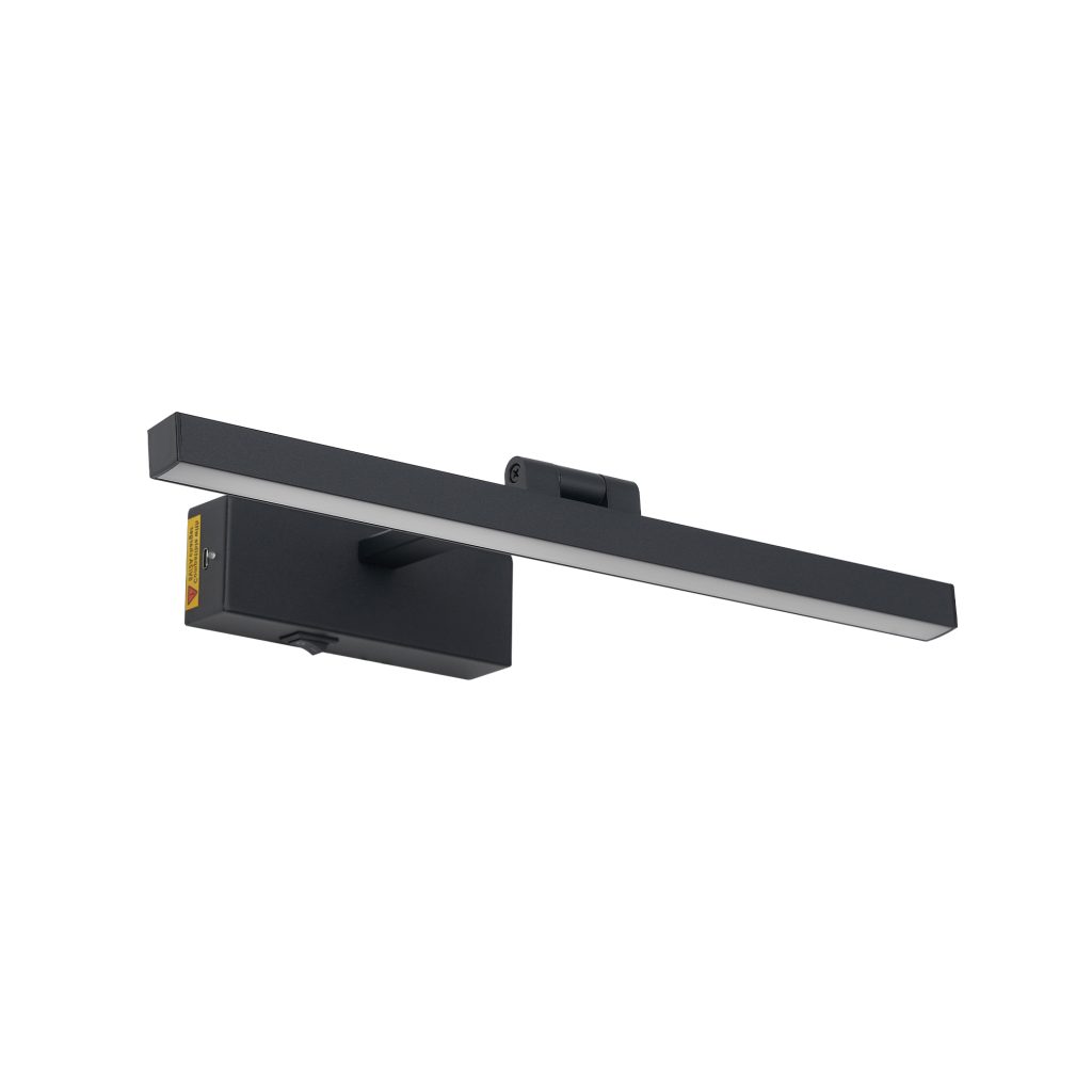 16-inch matte black LED bathroom wall light Black linear wall light above bathroom mirror Modern LED vanity mirror light in matte black Slim black bathroom wall-mounted light Linear mirror light for vanity area Matte black bathroom wall light side detail 16-inch bathroom wall light product dimensions LED wall light mounting structure Modern mirror light for powder room Cozy Home Lighting black bathroom wall light