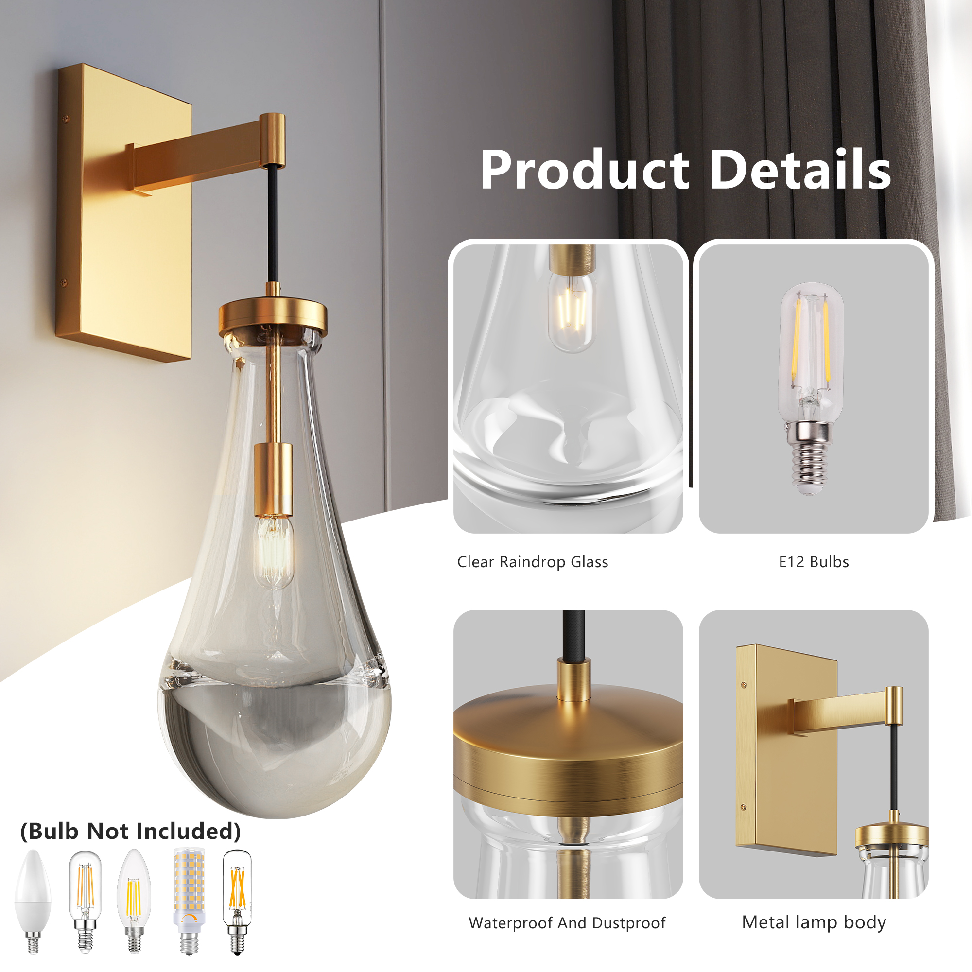 Modern Gold Glass Wall Light Single Head Bedroom Bathroom Wall Sconce E27 - Image 6