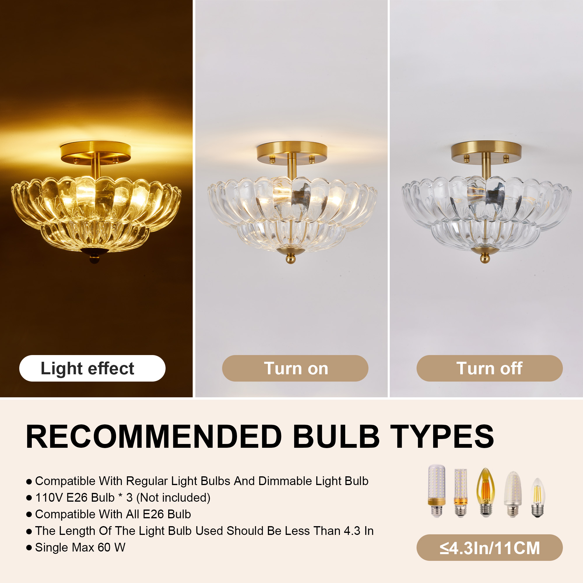Vintage Clear Glass Flush Mount Ceiling Light with Gold Finish 30cm - Image 6