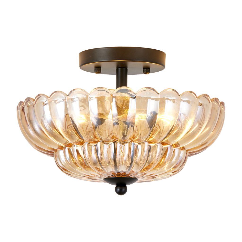 Vintage green glass flush mount ceiling light with gold finish