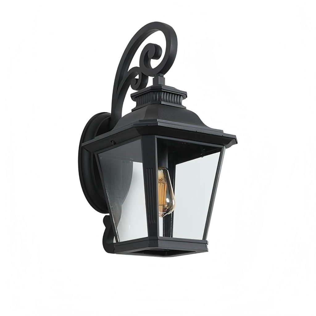 Black outdoor wall lantern with clear glass panels