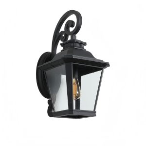 Black outdoor wall lantern with clear glass panels