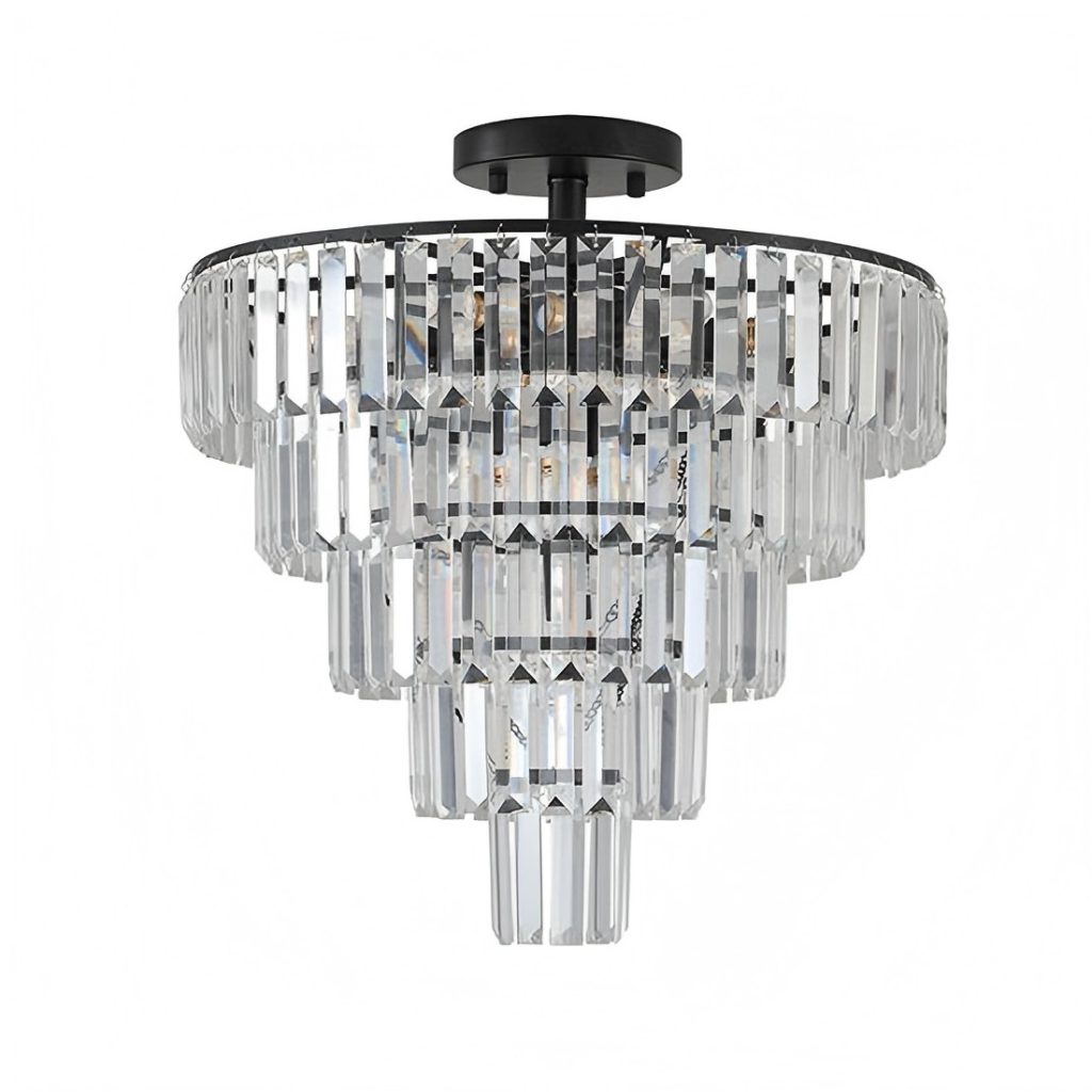 Modern black 3-tier crystal chandelier with layered crystal rods