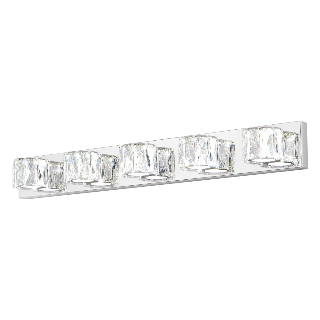 Modern 5-light white bathroom vanity light White linear vanity light above bathroom mirror Five-light bathroom wall light Modern bathroom mirror lighting fixture White vanity light for master bathroom Contemporary linear bathroom wall light Bathroom vanity light product dimensions Five-light vanity fixture detail Modern mirror light for dressing room Cozy Home Lighting white vanity light