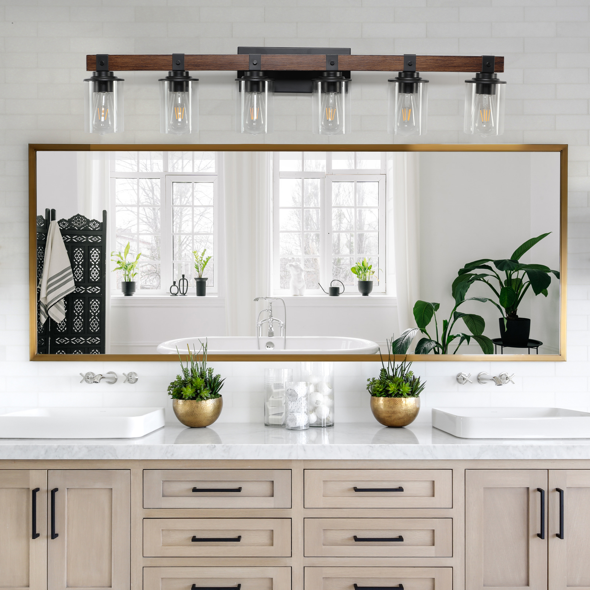 Modern 5-Light Bathroom Vanity Wall Light with Wood Accent - Image 2