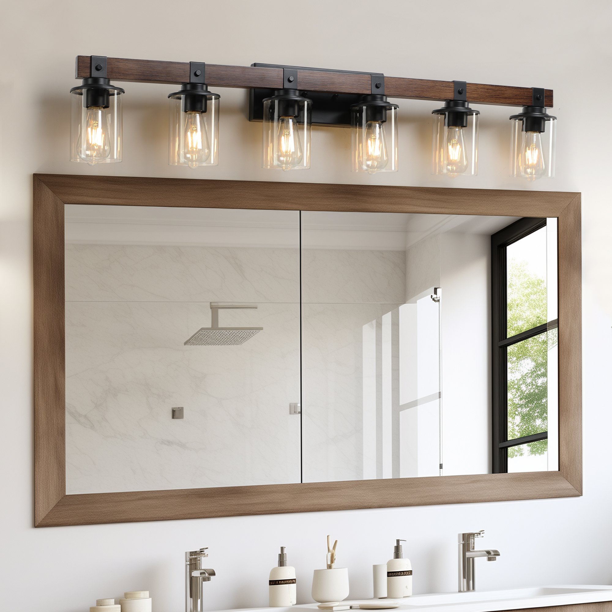 Modern 5-Light Bathroom Vanity Wall Light with Wood Accent - Image 3