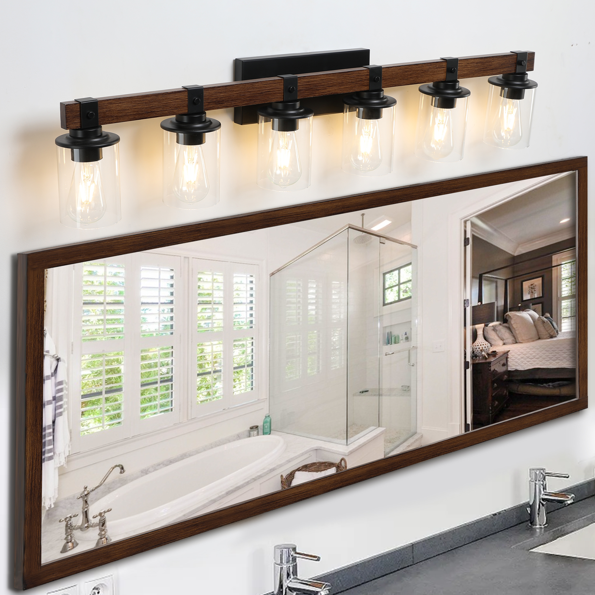 Modern 5-Light Bathroom Vanity Wall Light with Wood Accent - Image 5