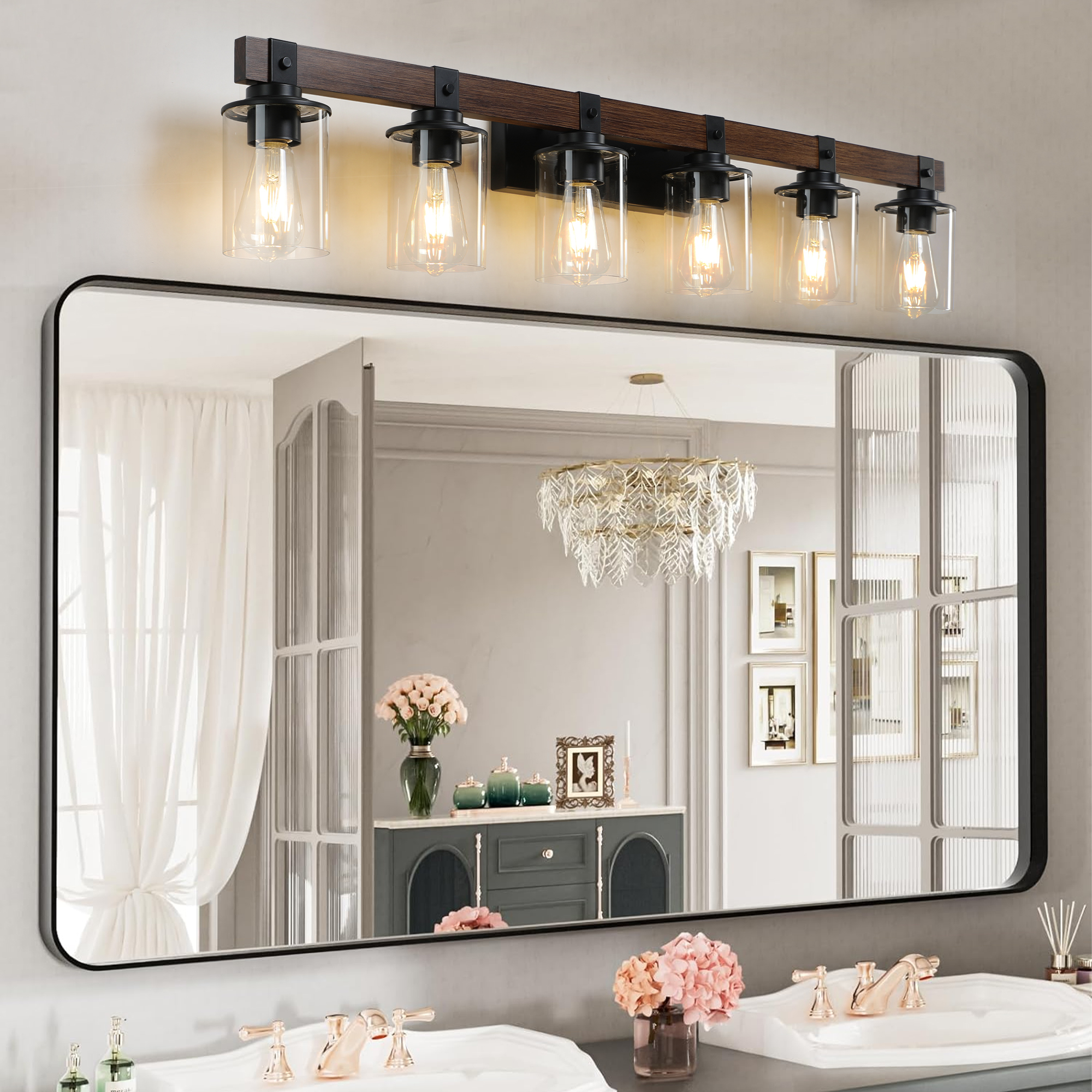 Modern 5-Light Bathroom Vanity Wall Light with Wood Accent - Image 6
