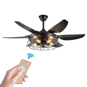 52 inch industrial black ceiling fan with caged LED light