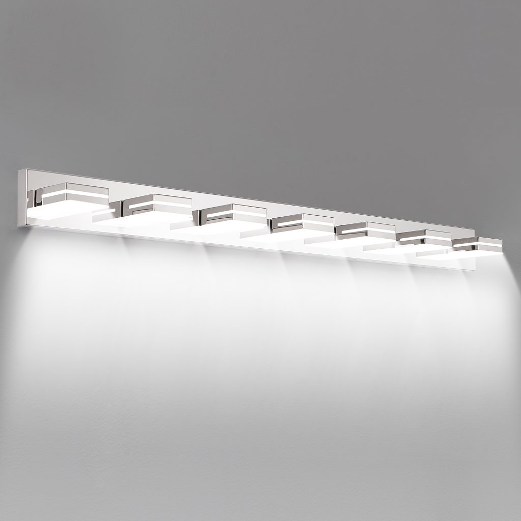 White LED bathroom vanity light Modern white vanity light above bathroom mirror Linear LED mirror light White bathroom wall light Contemporary vanity lighting Modern bathroom mirror lighting White LED vanity fixture Bathroom mirror light detail Minimalist vanity light Cozy Home Lighting white vanity light