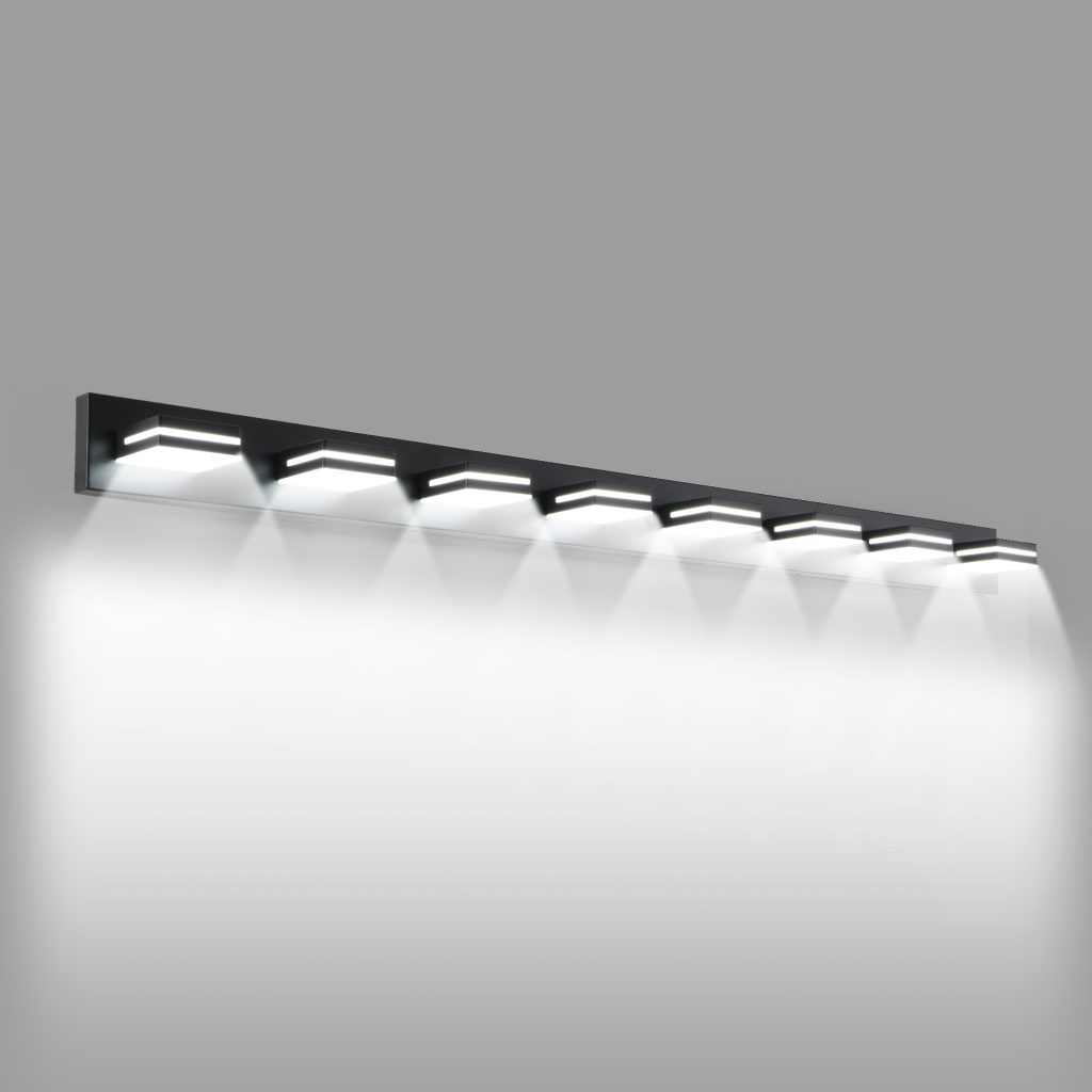 Modern 8-light black bathroom vanity light Black linear vanity light above large bathroom mirror Eight-light bathroom wall sconce for double vanity Modern bathroom mirror lighting fixture in black finish Wide vanity light for master bathroom mirror Contemporary linear wall light for bathroom vanity Black bathroom vanity fixture product dimensions Cozy Home Lighting 8-light vanity light detail view