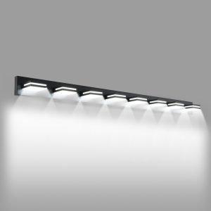 Modern 8-light black bathroom vanity light Black linear vanity light above large bathroom mirror Eight-light bathroom wall sconce for double vanity Modern bathroom mirror lighting fixture in black finish Wide vanity light for master bathroom mirror Contemporary linear wall light for bathroom vanity Black bathroom vanity fixture product dimensions Cozy Home Lighting 8-light vanity light detail view