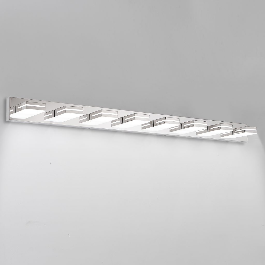 8-light white bathroom vanity light White linear vanity light above large bathroom mirror Eight-light bathroom wall light for double vanity Modern white bathroom mirror lighting fixture Wide vanity light for master bathroom mirror Contemporary linear white bathroom wall light White vanity light product dimensions Eight-light LED vanity fixture detail view Modern mirror light for dressing room and powder room Cozy Home Lighting white bathroom vanity light