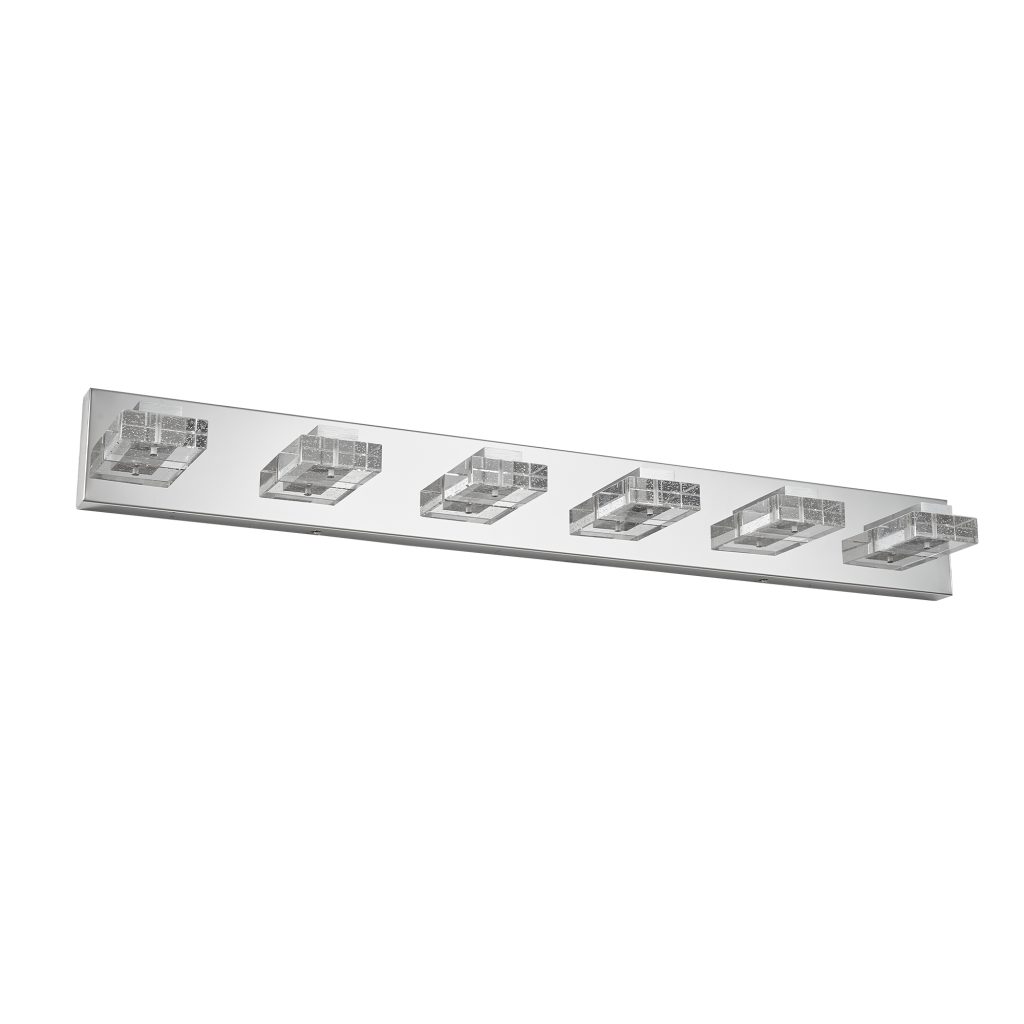 6-light chrome bathroom vanity light Chrome linear vanity light above bathroom mirror Six-light bathroom wall fixture for vanity mirror Modern chrome bathroom mirror lighting fixture Linear vanity light for double-sink bathroom Contemporary six-light bathroom wall light Chrome bathroom vanity light product dimensions Six-light vanity fixture detail view Modern mirror light for dressing and makeup area Cozy Home Lighting chrome bathroom vanity light