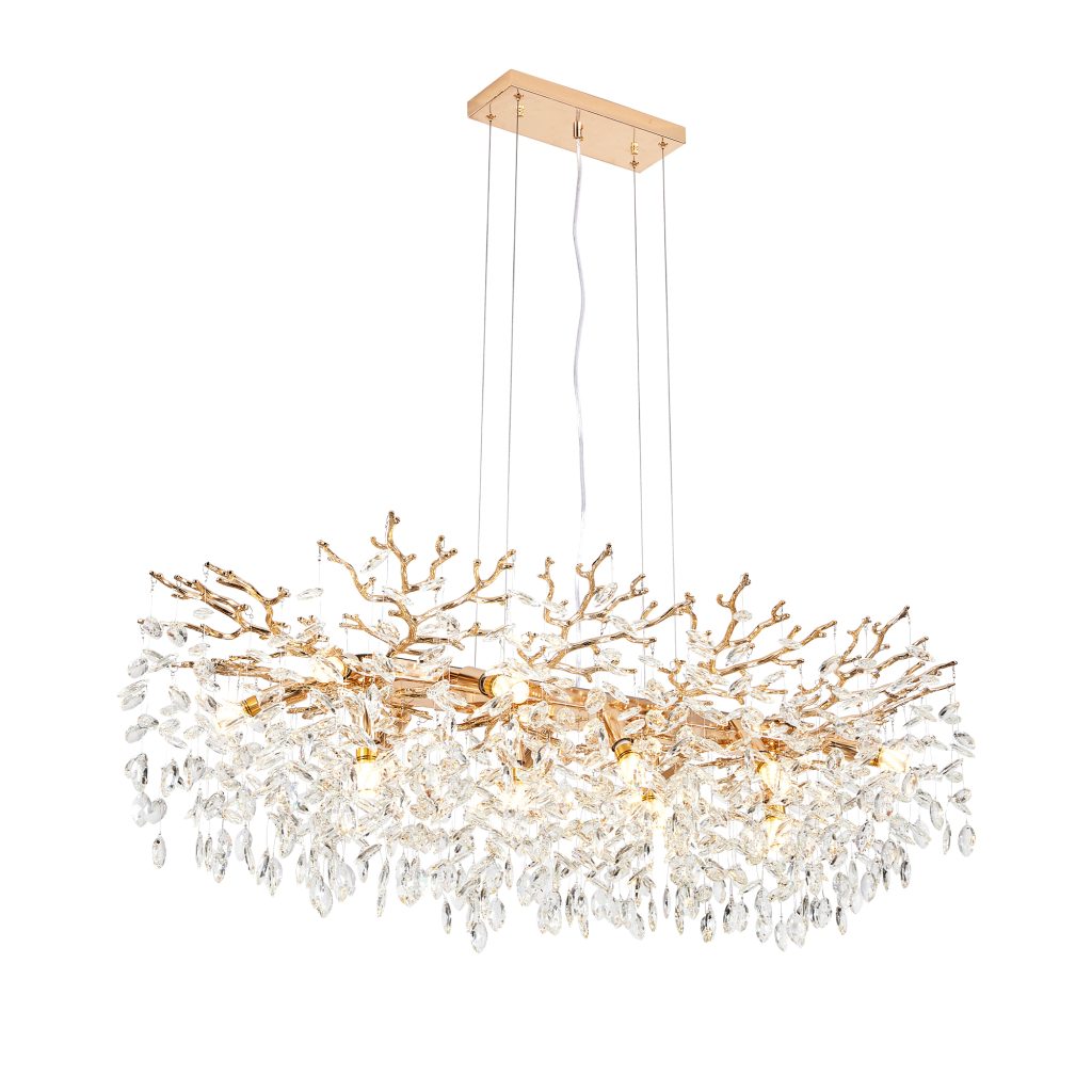 Luxury gold 14-light rectangle crystal chandelier for dining room
