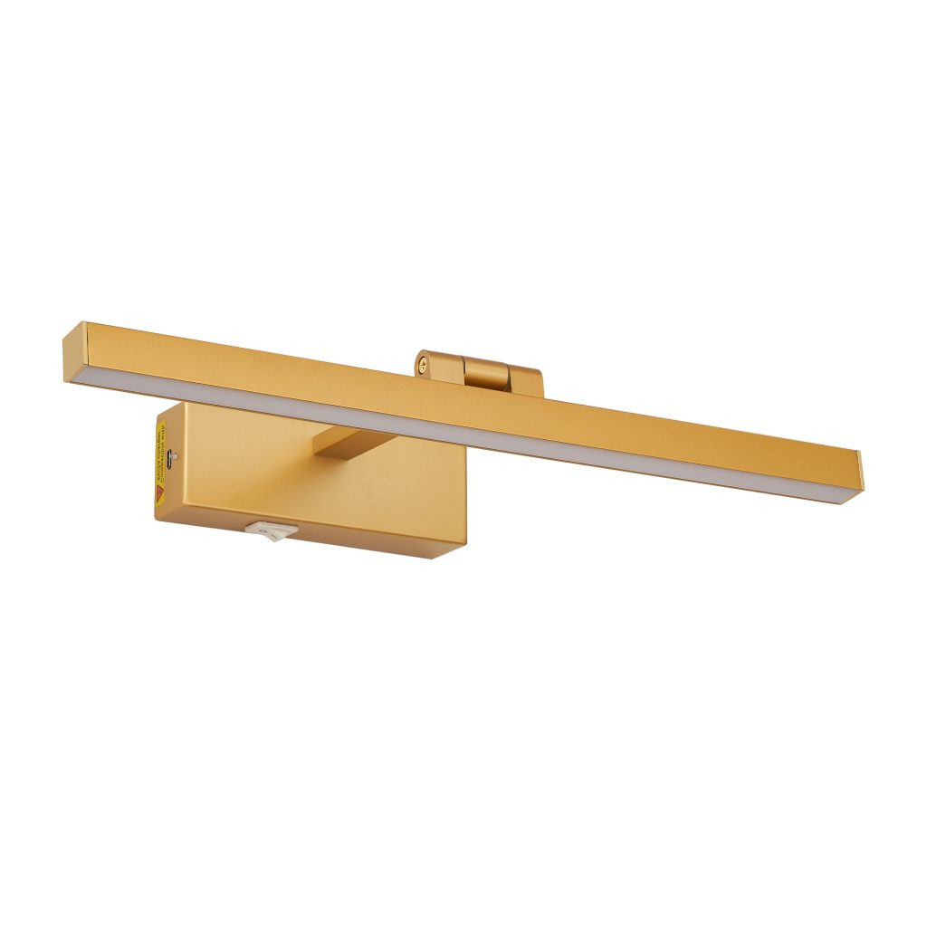 16-inch brushed gold LED bathroom wall light Gold linear wall light above bathroom mirror Modern brushed gold vanity mirror light Luxury gold bathroom wall-mounted light Linear LED mirror light in brushed gold Brushed gold bathroom wall light detail 16-inch gold wall light dimensions Gold LED wall light mounting structure Modern powder room mirror light Cozy Home Lighting brushed gold wall light