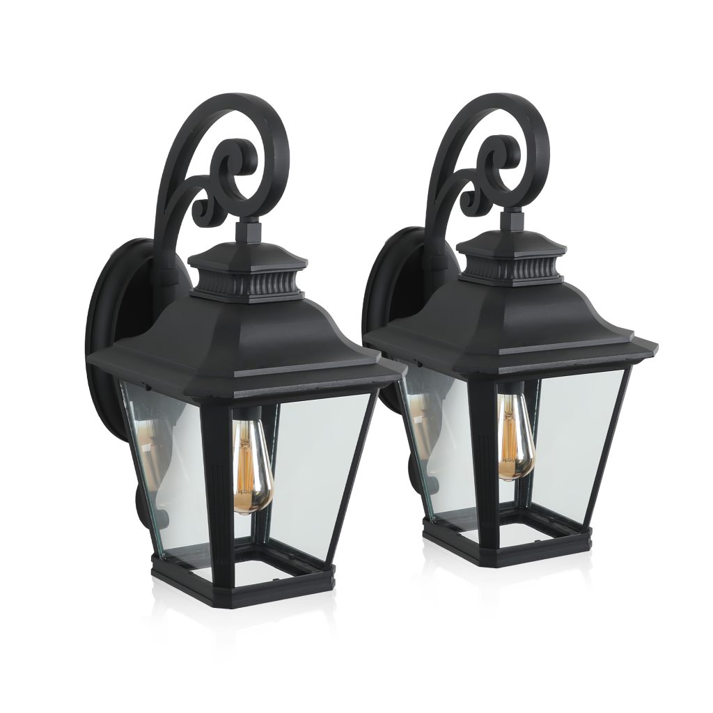 2-pack black outdoor wall lanterns with clear glass panels