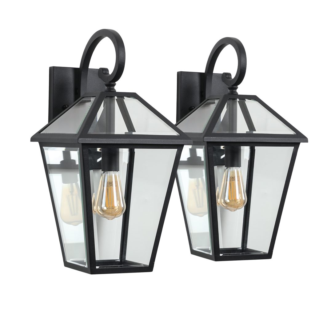 2-Pack Black Outdoor Wall Lanterns with clear glass panels