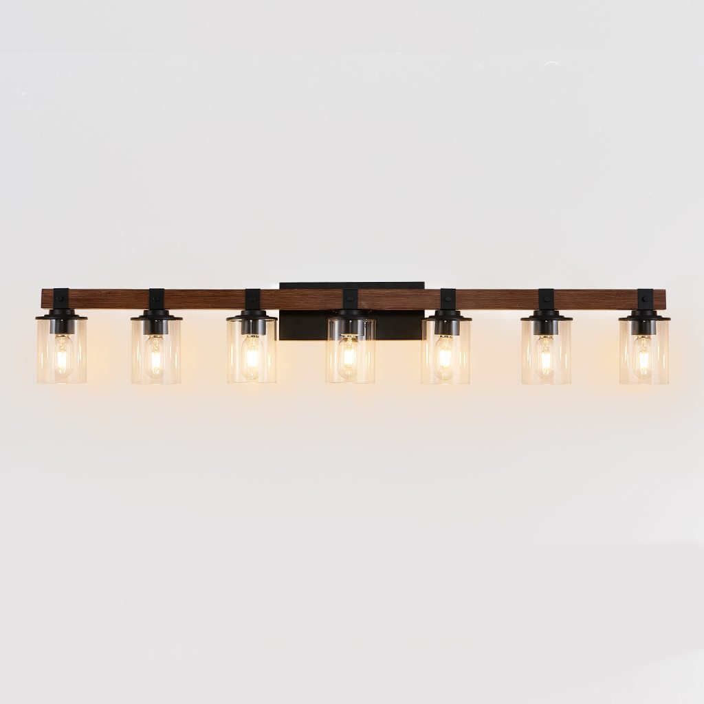 Modern 7-Light Industrial Bathroom Vanity Wall Light with Wood Accent