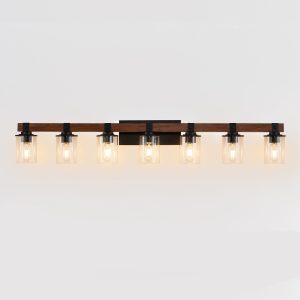 Modern 7-Light Industrial Bathroom Vanity Wall Light with Wood Accent
