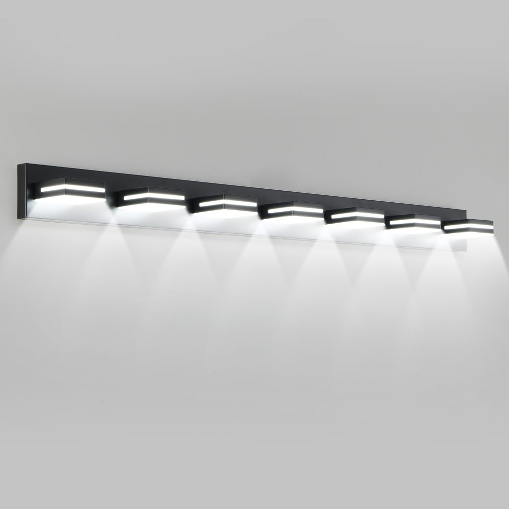 Modern 7-light black bathroom vanity light Black linear vanity light installed above large bathroom mirror Seven-light bathroom wall sconce for double vanity Modern bathroom mirror lighting fixture in black finish Wide vanity light for master bathroom mirror Contemporary linear wall light for bathroom vanity Black bathroom vanity fixture product dimensions Seven-light vanity wall sconce detail view Modern mirror light for dressing room and powder room Cozy Home Lighting black bathroom vanity light