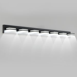 Modern 7-light black bathroom vanity light Black linear vanity light installed above large bathroom mirror Seven-light bathroom wall sconce for double vanity Modern bathroom mirror lighting fixture in black finish Wide vanity light for master bathroom mirror Contemporary linear wall light for bathroom vanity Black bathroom vanity fixture product dimensions Seven-light vanity wall sconce detail view Modern mirror light for dressing room and powder room Cozy Home Lighting black bathroom vanity light