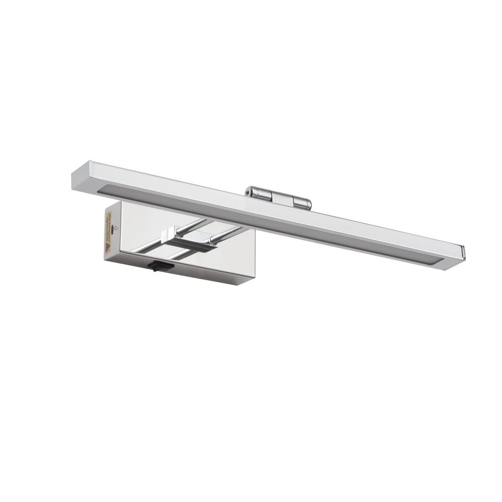 16-inch chrome LED bathroom wall light Chrome linear wall light above bathroom mirror Silver LED vanity mirror light for modern bathroom Modern chrome bathroom wall-mounted light Linear LED mirror light for vanity area Chrome bathroom wall light side detail 16-inch bathroom wall light product dimensions LED vanity wall light mounting structure Modern mirror light for powder room and dressing area Cozy Home Lighting chrome bathroom wall light