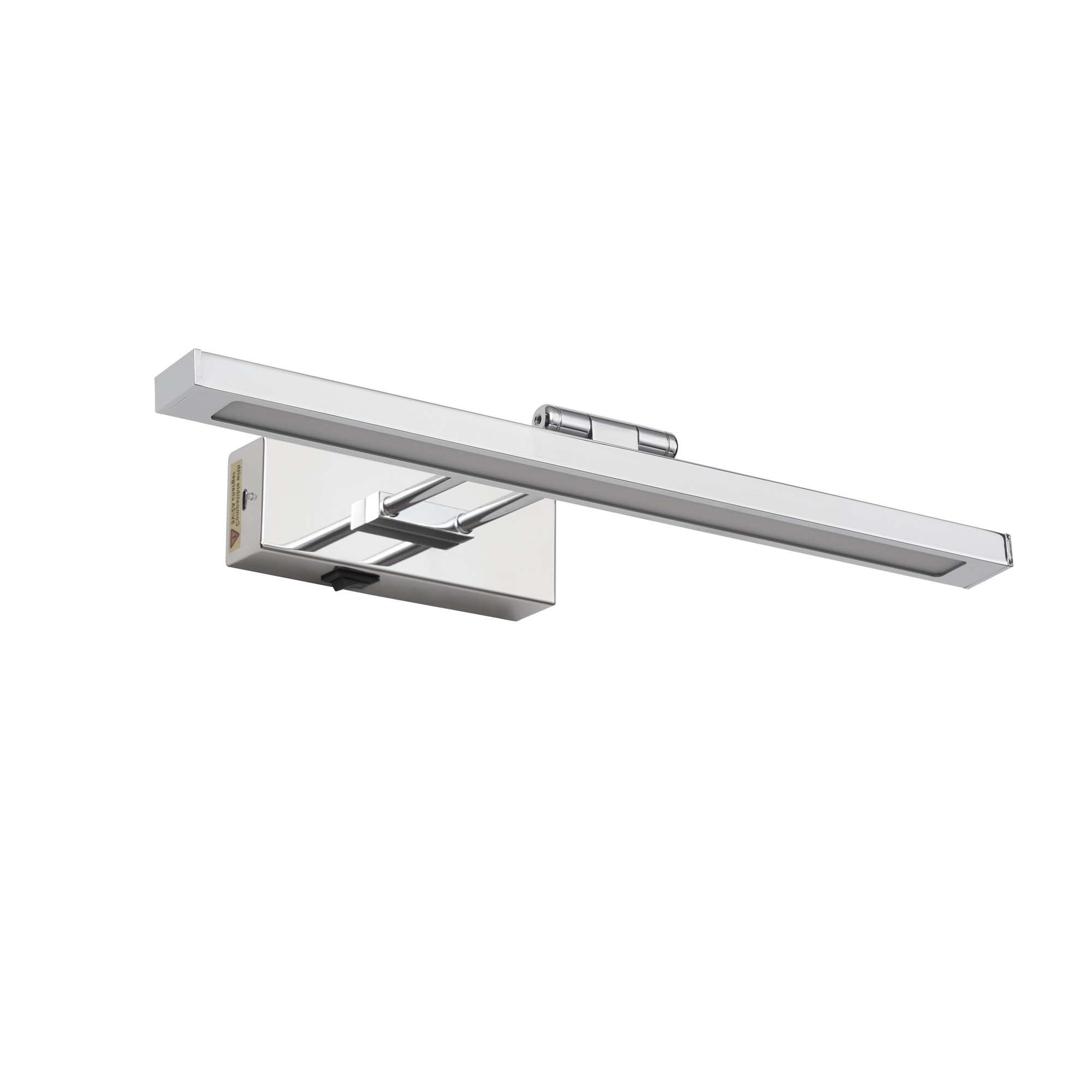 16-inch chrome LED bathroom wall light Chrome linear wall light above bathroom mirror Silver LED vanity mirror light for modern bathroom Modern chrome bathroom wall-mounted light Linear LED mirror light for vanity area Chrome bathroom wall light side detail 16-inch bathroom wall light product dimensions LED vanity wall light mounting structure Modern mirror light for powder room and dressing area Cozy Home Lighting chrome bathroom wall light