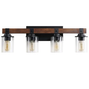 Modern 4-Light Bathroom Vanity Wall Light with Wood Accent