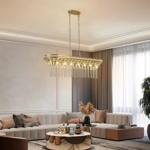 Rectangular Crystal Chandelier – 39 Inch Modern Gold Dining Room Light