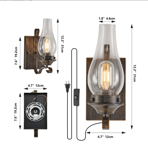 Plug In Wall Sconces Set of 2 – Rustic Black Gold Glass Lights - Image 5