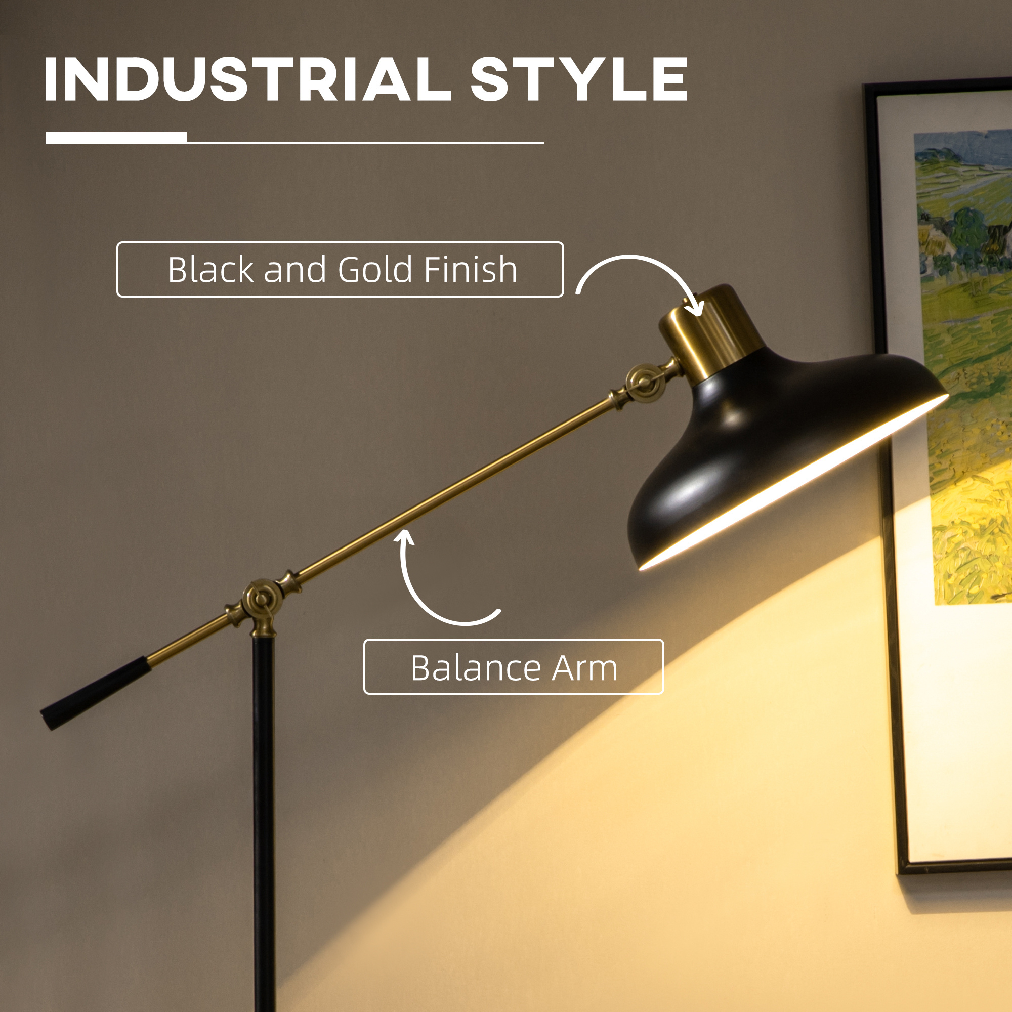 Adjustable Floor Lamp – Black & Gold Swing Arm Standing Lamp - Image 5