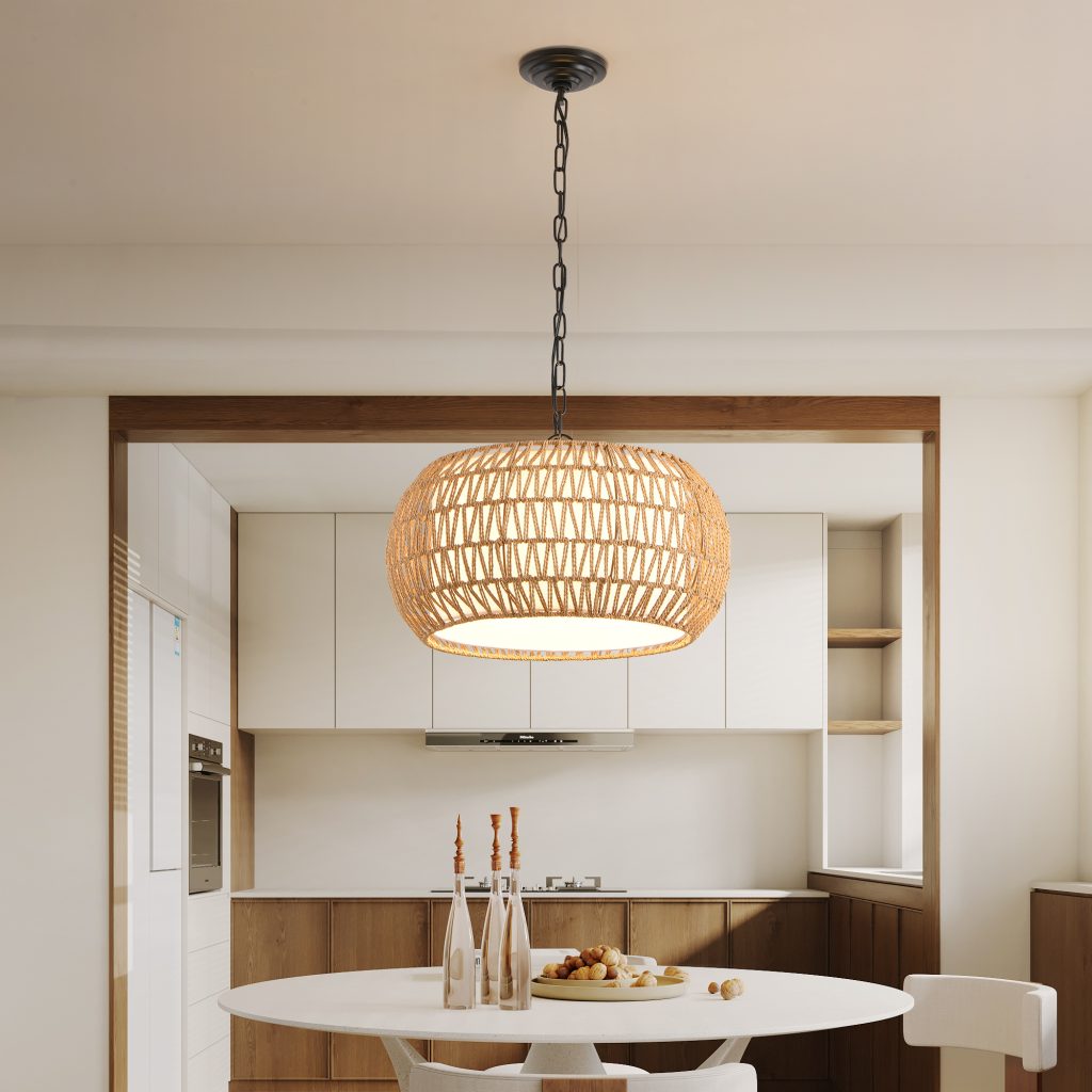 Boho Pendant Light – Woven Jute Rope Hanging Ceiling Lamp