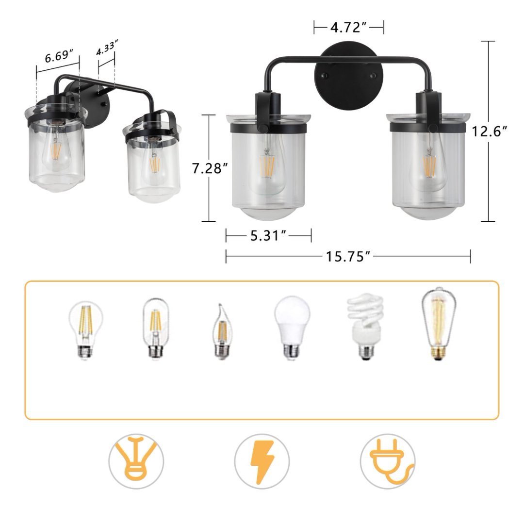 2 Light Wall Sconce – Black Bathroom Vanity Light with Clear Glass - Image 2