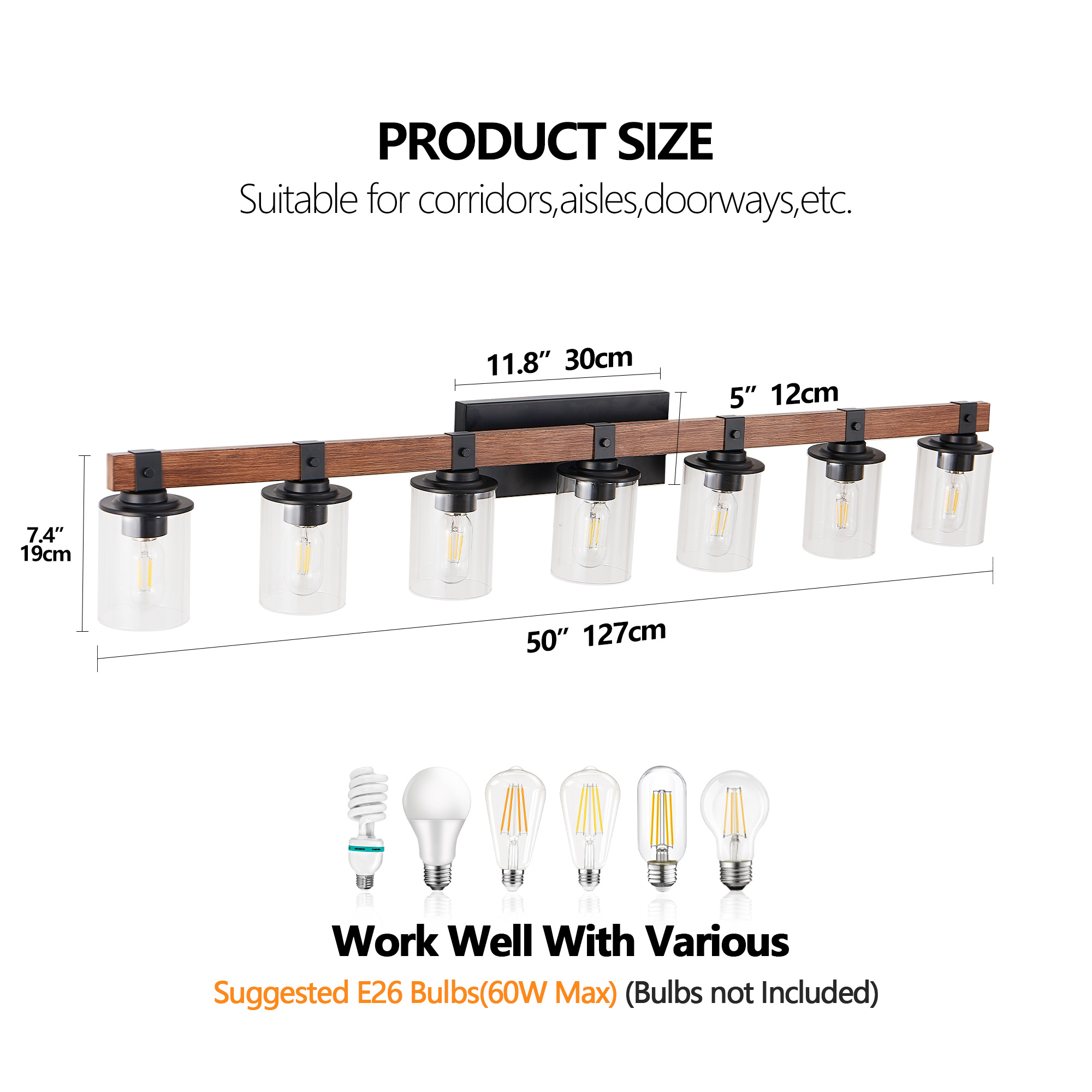 7 Light Bathroom Vanity Light – Industrial Black Wood Fixture with Clear Glass Shades - Image 10