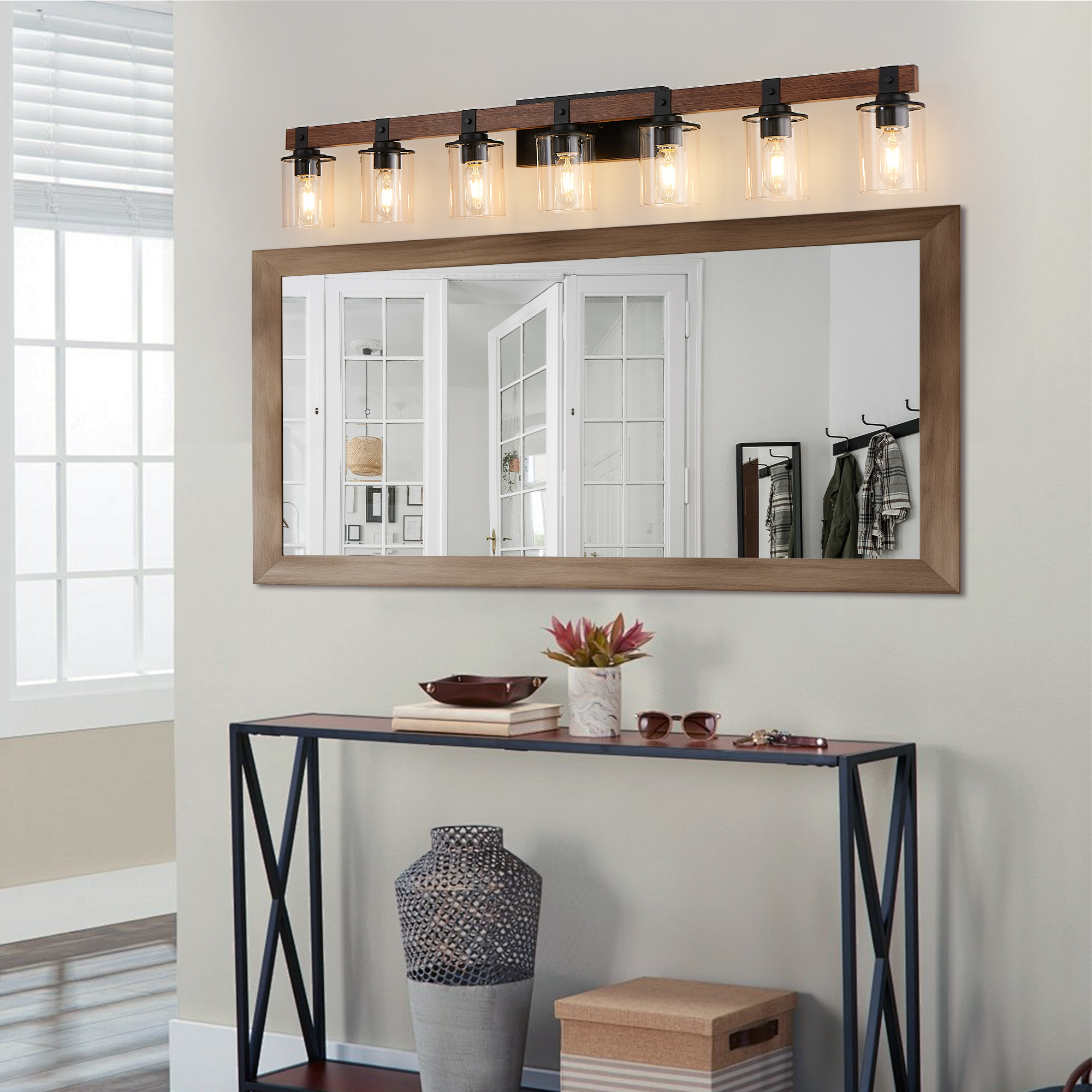 7 Light Bathroom Vanity Light – Industrial Black Wood Fixture with Clear Glass Shades - Image 6