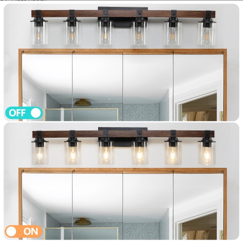 6 Light Bathroom Vanity Light – Black Wood Accent Glass Fixture - Image 7