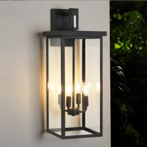 Outdoor Wall Lantern – 26 Inch Black Metal Glass Porch Light