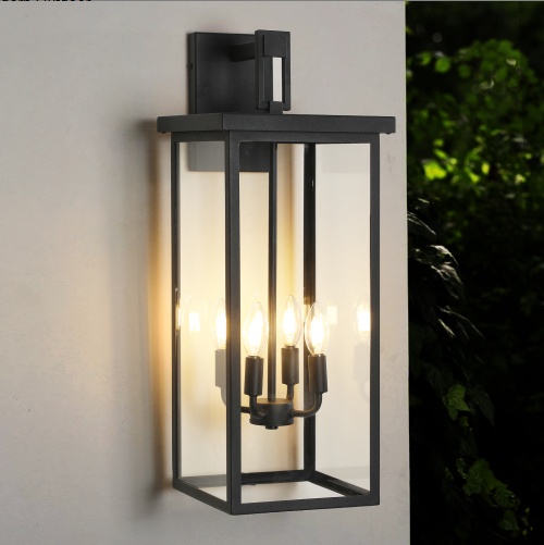 Outdoor Wall Lantern – 26 Inch Black Metal Glass Porch Light