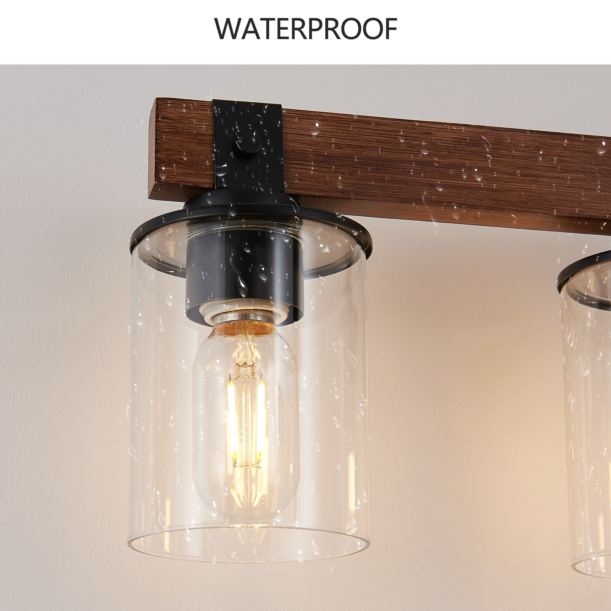 7 Light Bathroom Vanity Light – Industrial Black Wood Fixture with Clear Glass Shades - Image 3