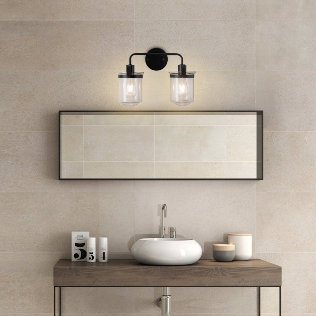 2 Light Wall Sconce – Black Bathroom Vanity Light with Clear Glass - Image 10