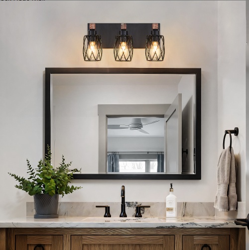 3 Light Bathroom Vanity Light – 18 Inch Rustic Black Cage Fixture - Image 4
