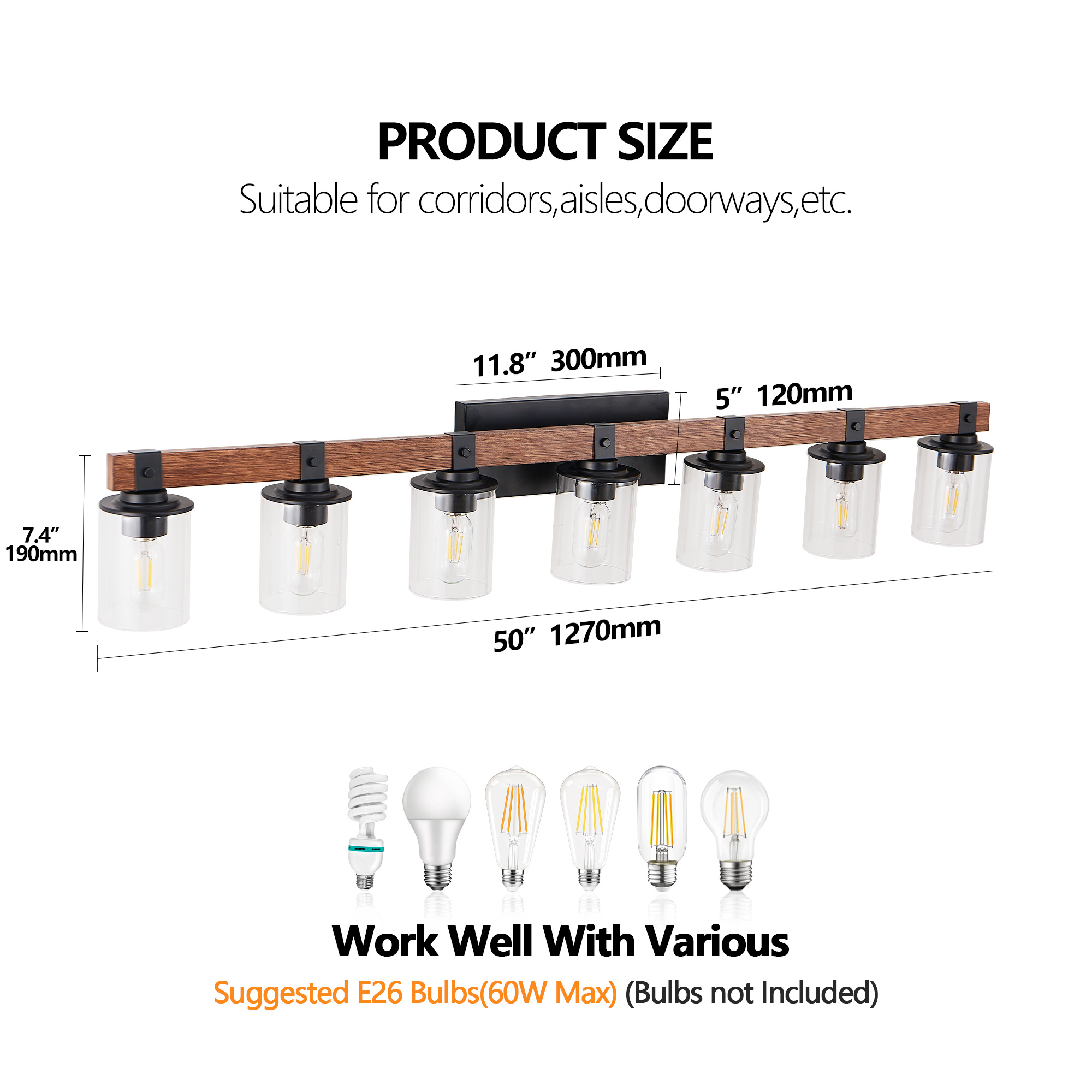 7 Light Bathroom Vanity Light – Industrial Black Wood Fixture with Clear Glass Shades - Image 5