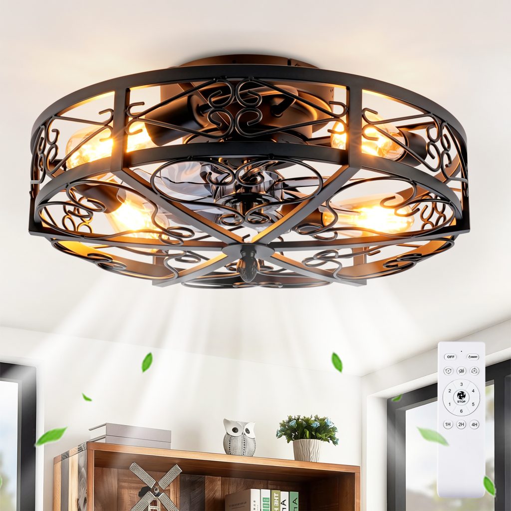 Caged Ceiling Fan with Light – 20 Inch Black Remote Control Fan