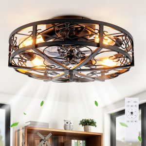 Caged Ceiling Fan with Light – 20 Inch Black Remote Control Fan