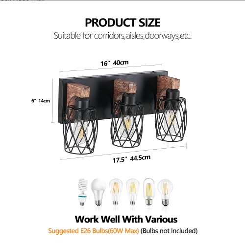 3 Light Bathroom Vanity Light – 18 Inch Rustic Black Cage Fixture - Image 3