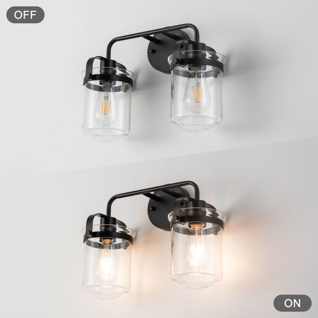2 Light Wall Sconce – Black Bathroom Vanity Light with Clear Glass - Image 8