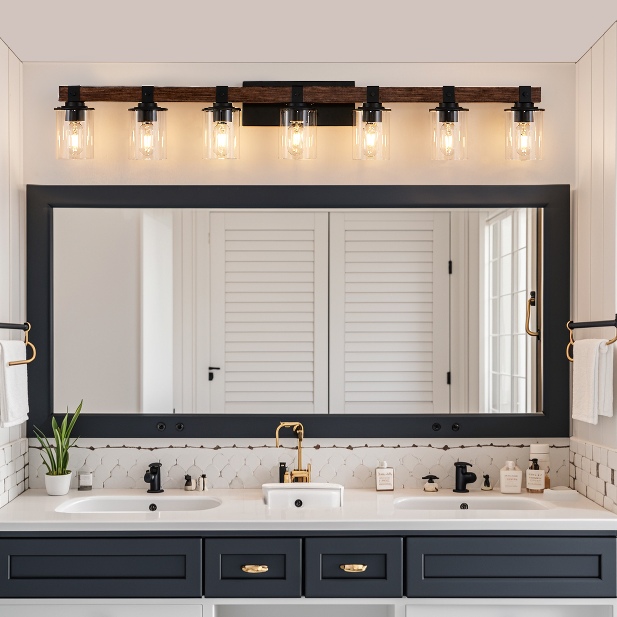 7 Light Bathroom Vanity Light – Industrial Black Wood Fixture with Clear Glass Shades - Image 8