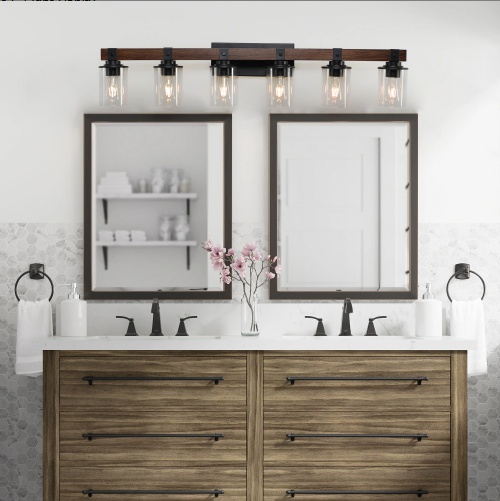 6 Light Bathroom Vanity Light – Black Wood Accent Glass Fixture - Image 8