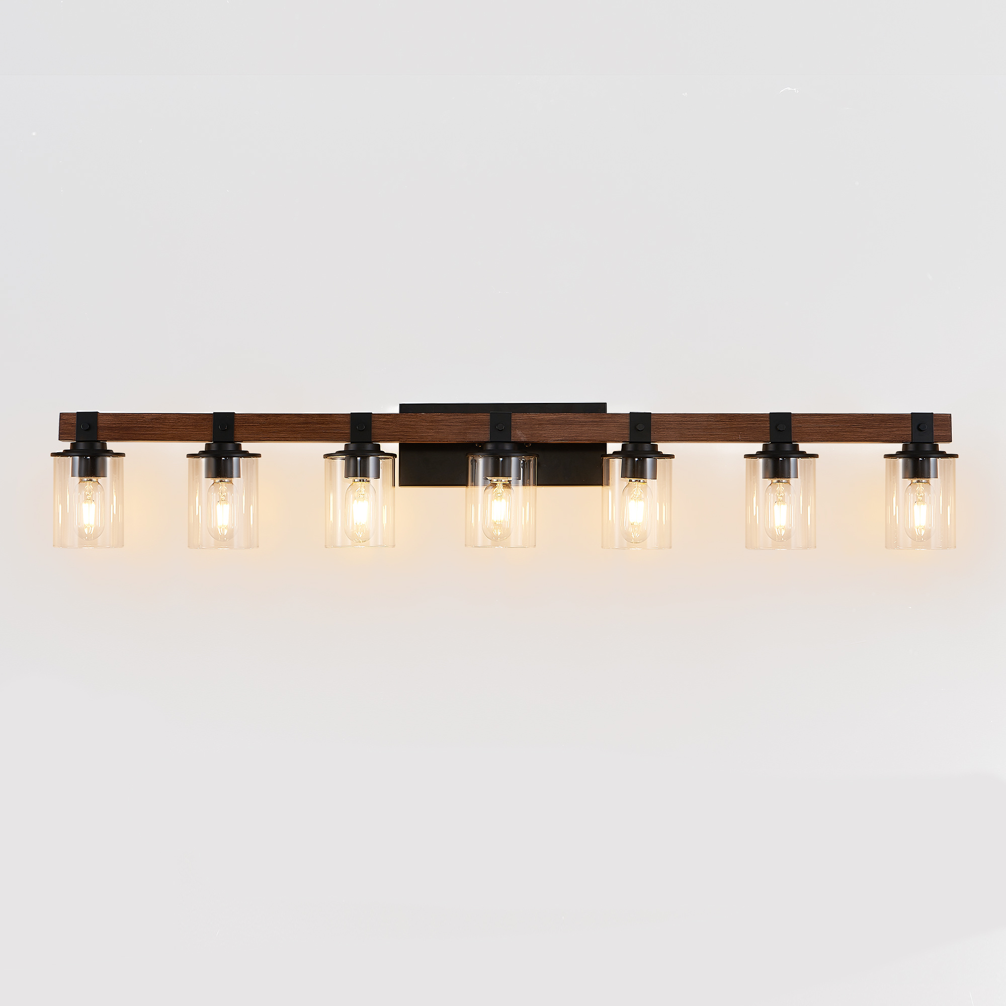 7 Light Bathroom Vanity Light – Industrial Black Wood Fixture with Clear Glass Shades - Image 2
